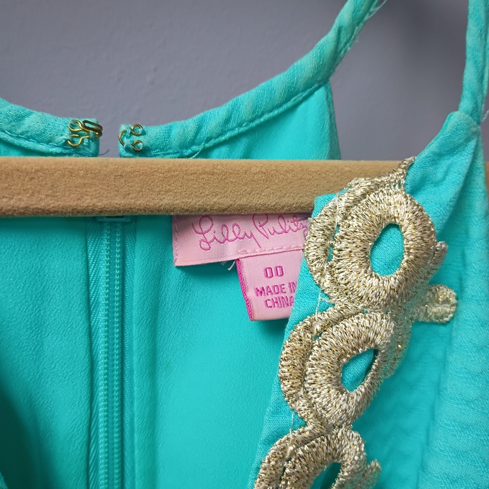 Lilly Pulitzer Aqua Sleeveless Sheath Dress with Gold Embroidery - Picture 3 of 4